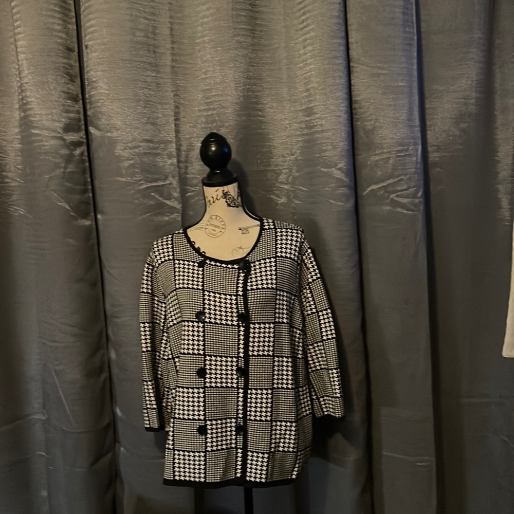 Black and white, button-up dressy sweater